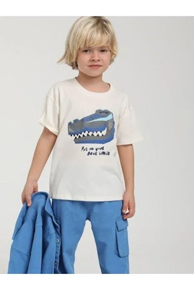 Детская футболка для мальчиков с принтом Boy'S Cotton Dinosaur Printed T-Shirt Zekids, Ecru — фото 2