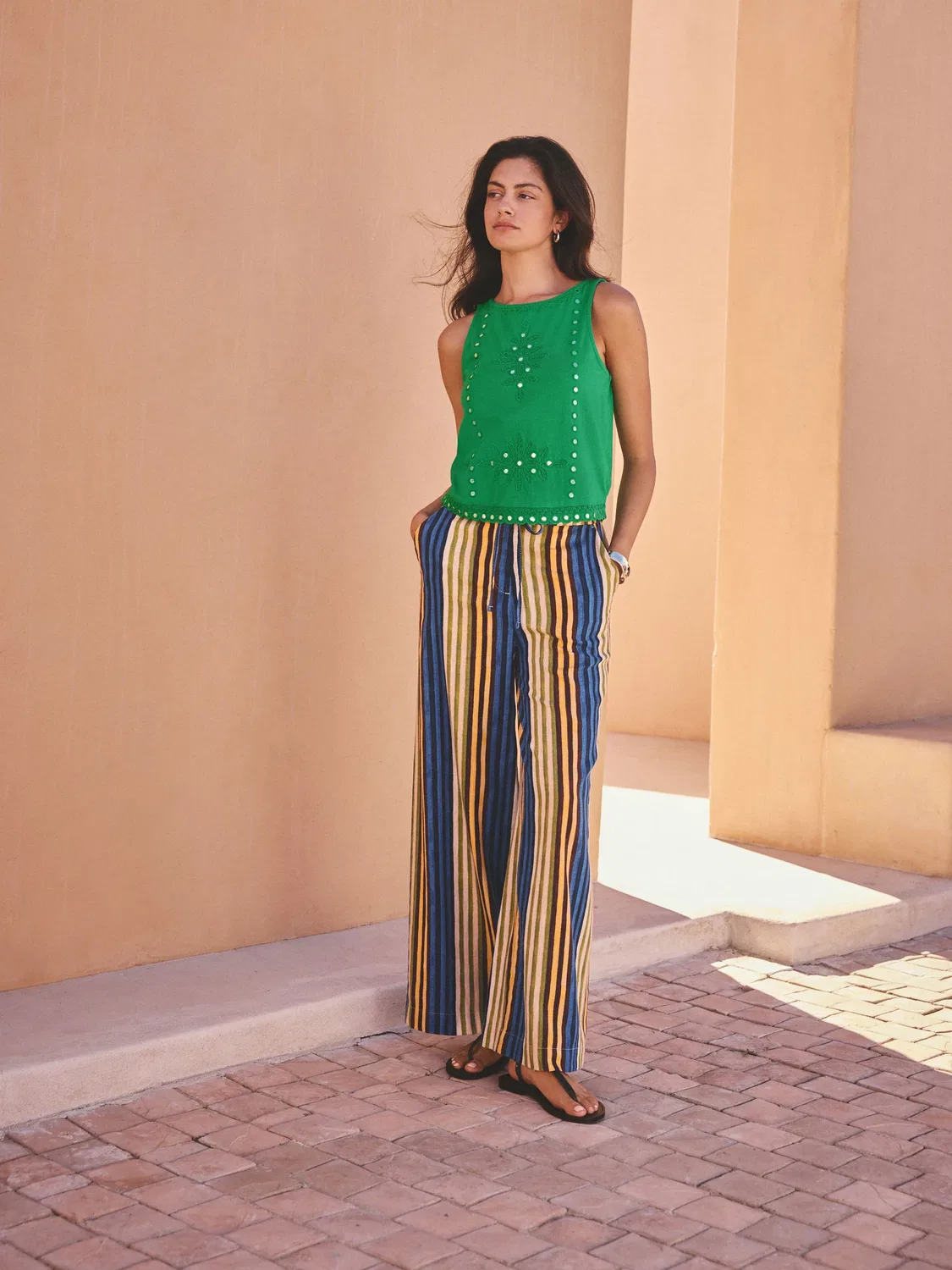 Брюки широкие Next Blue/Yellow Stripe Linen Blend Wide Leg, сине-желтая полоска — фото 2
