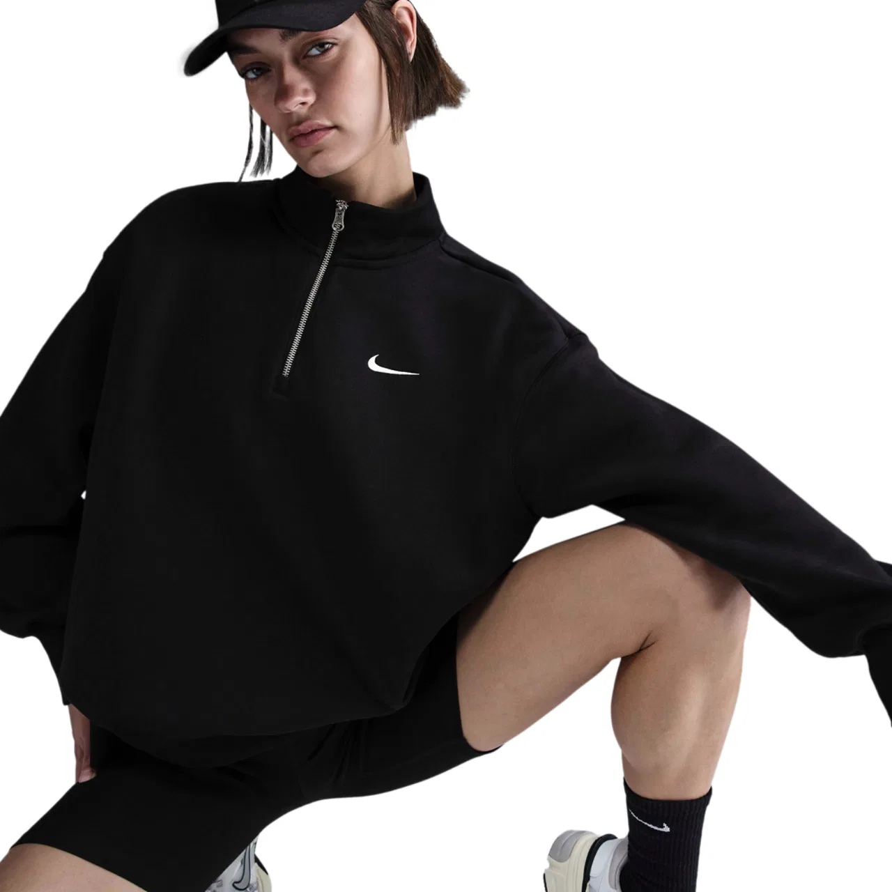 Женское оверсайз худи с молнией на четверть Phoenix Fleece Nike, цвет Black/Sail — фото 4