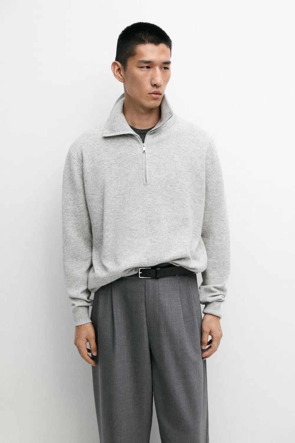 Свитер Massimo Dutti Mock Neck Zip-Up Knit, серый меланж
