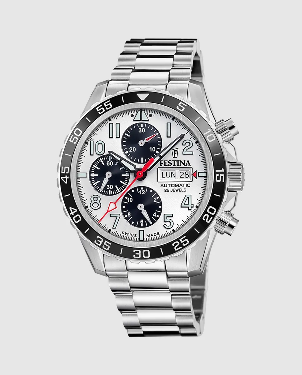 

F20055/1 Швейцарские автоматические мужские часы из серебристой стали Festina, серебряный