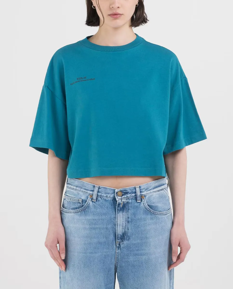 

Женская укороченная футболка из органического хлопка с надписью Replay, бирюзовый