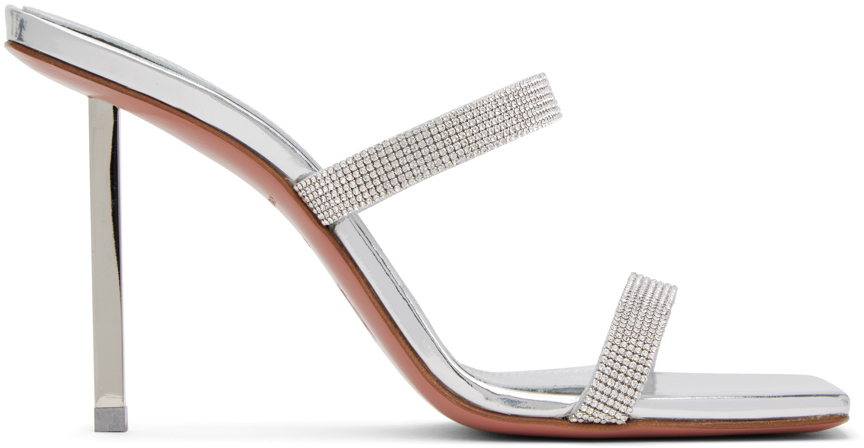 Серебристые босоножки на каблуке Amina Muaddi Rih Slipper