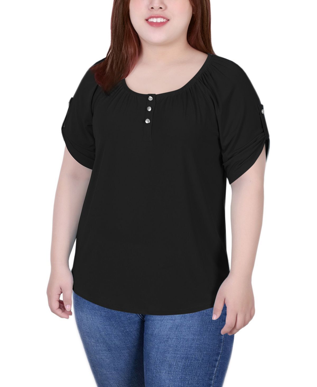 

Плюс размер с короткими рукавами круглый вырез henley top NY Collection, черный