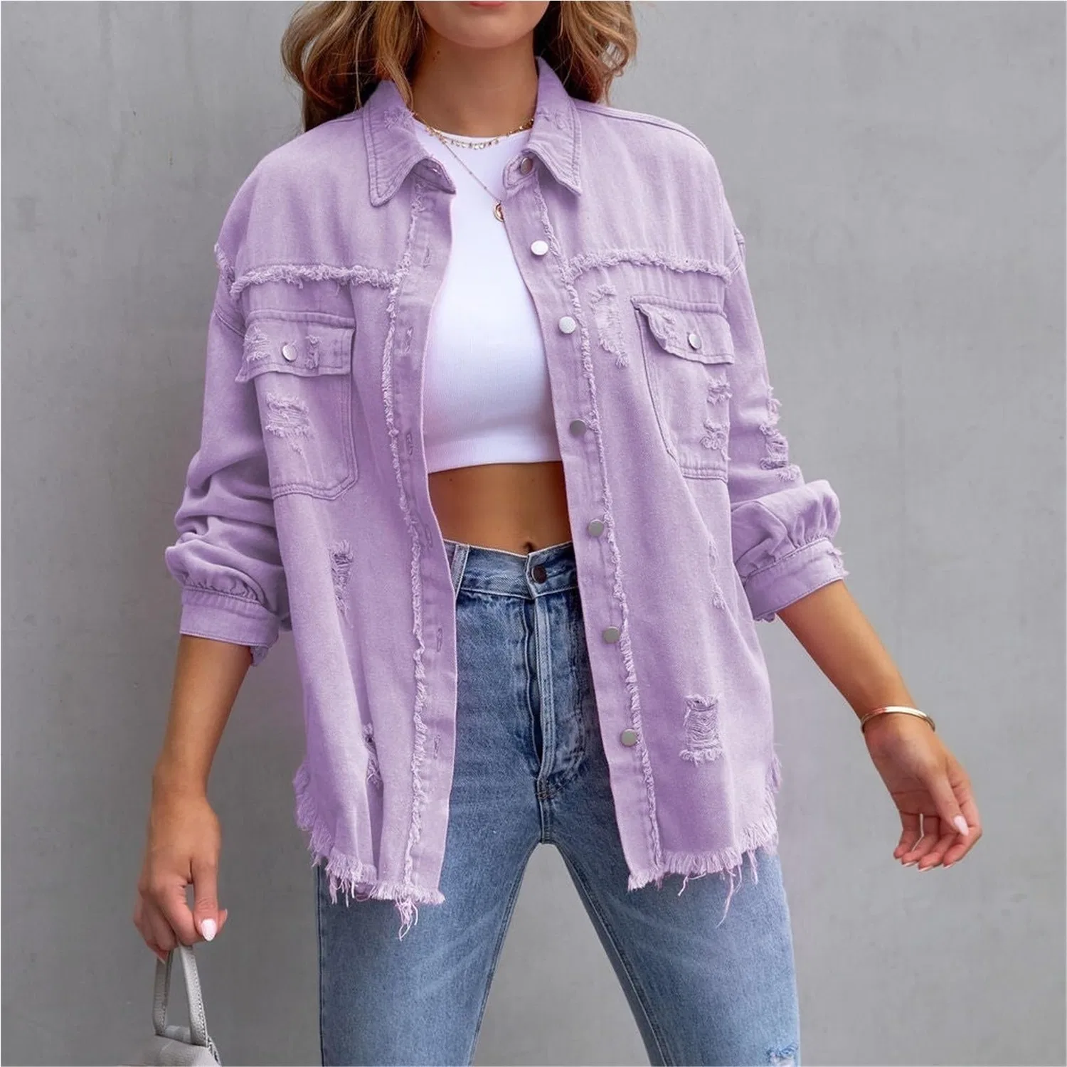 Женская джинсовая куртка с длинным рукавом, Light purple — фото 3