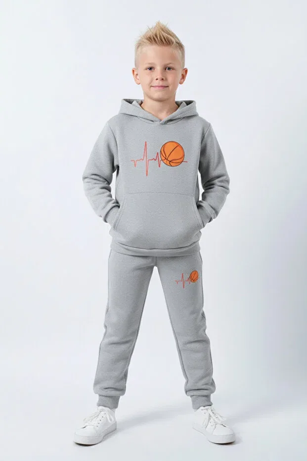 Детский спортивный костюм для мальчиков с принтом Basketball Print Detailed Hooded Ya Ko Kids, Gray — фото 2