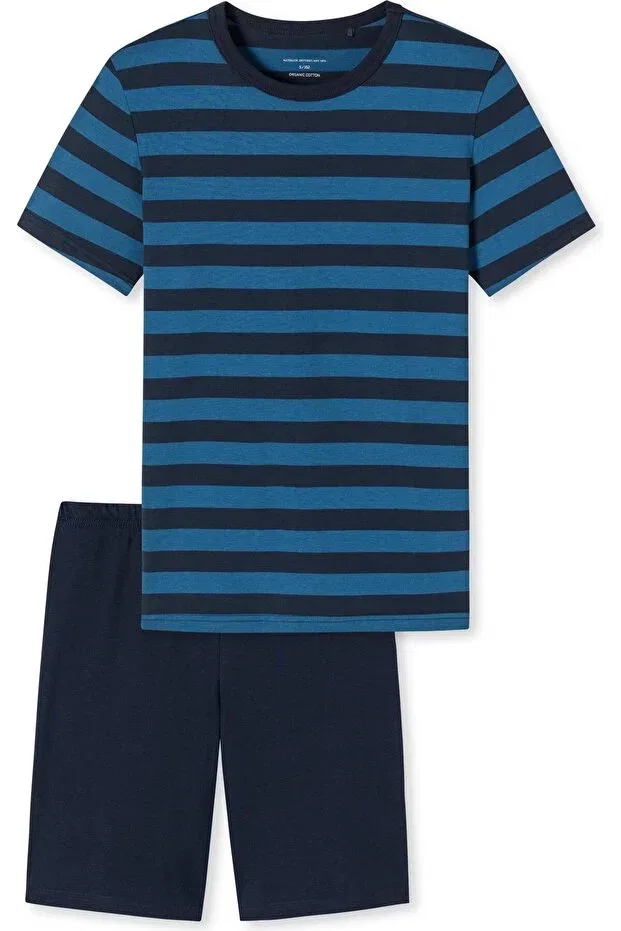 Детские хлопковое пижамное шорт-сет для мальчиков Boy's navy blue striped waiter boy organic cotton shorts pajama set Cirilo, Navy Blue — фото 3