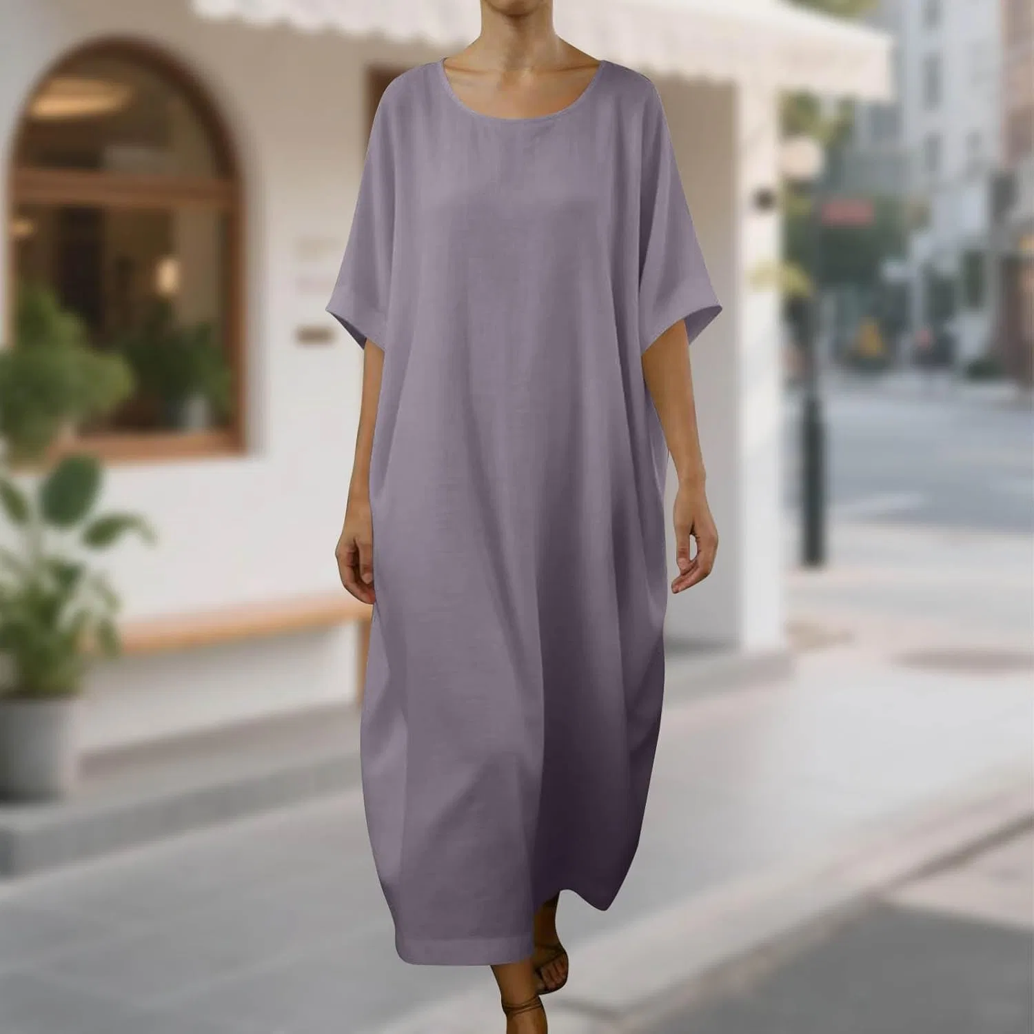 Повседневное платье миди свободное из льна и хлопка, Purple — фото 2