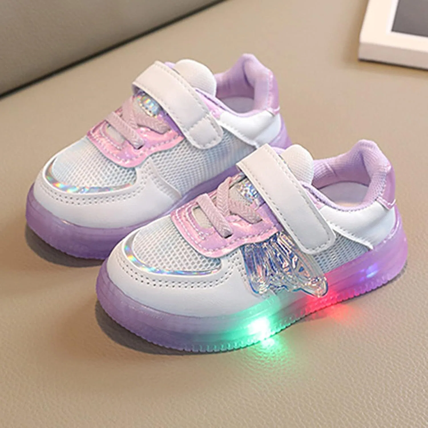 Детские кроссовки для девочек с подсветкой на шнуровке, Purple — фото 2