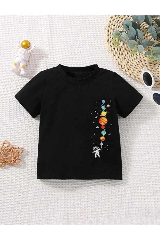 Детская футболка с принтом для мальчиков Astronaut Balloon Planets Machetta, Black