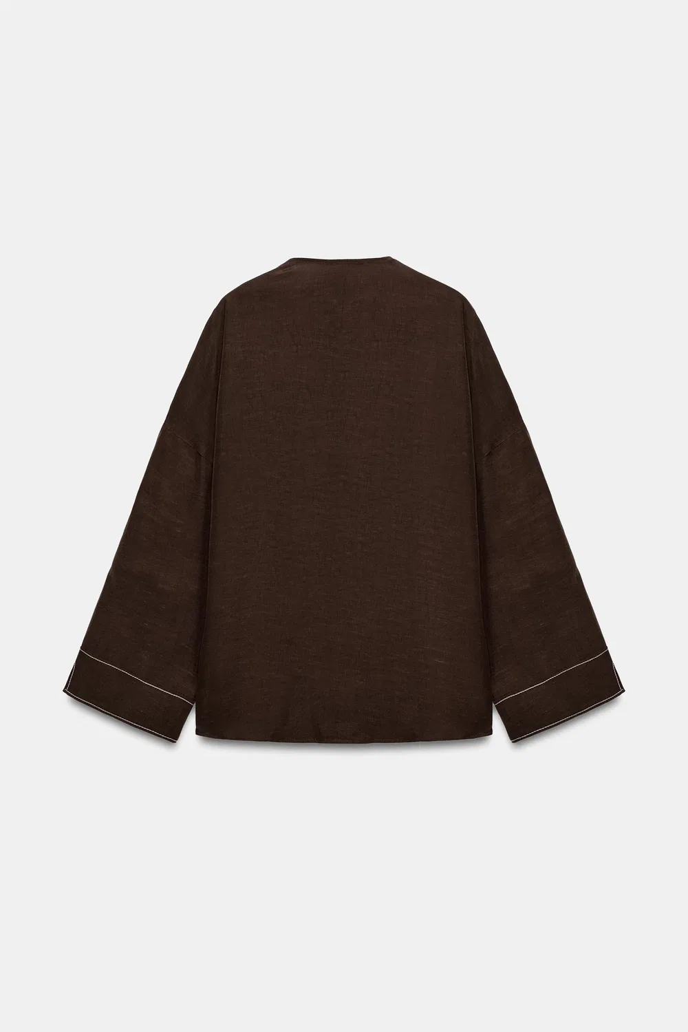 Рубашка из смесовой льняной ткани с контрастной строчкой. ZARA, Brown — фото 4