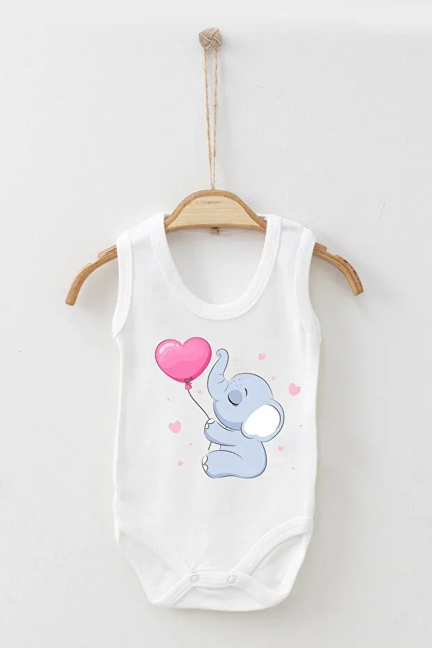 Детское боди с принтом Cute Elephant Playing Balloon With Heart Printed Strappy Bodysuit Adabebek, Ecru