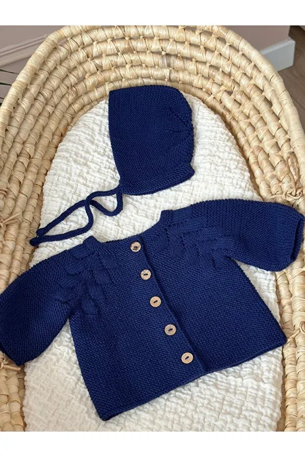 Детский кардиган с ажурным узором, комплект с шапочкой Florijee, Navy Blue