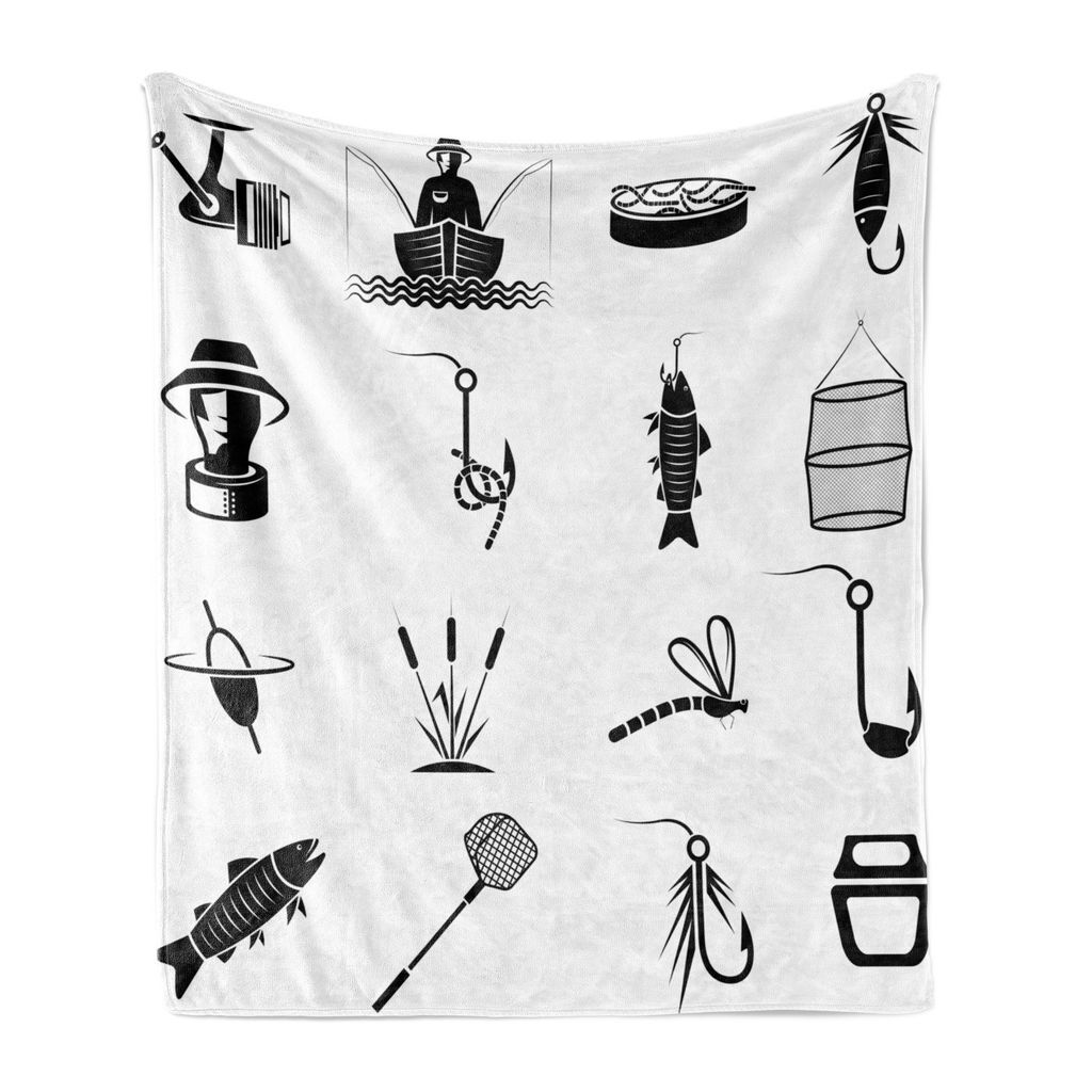 

ABAKUHAUS Fishing Theme Мягкое фланелевое флисовое одеяло, крючок для рыбы и удочки, уютный плюш для использования в помещении и на улице, 125 x 175 см, белый и темно-серый