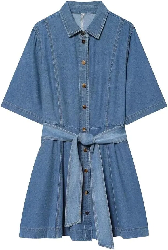 Женское платье из денима с воротником-стойкой, Casual Dress, Blue