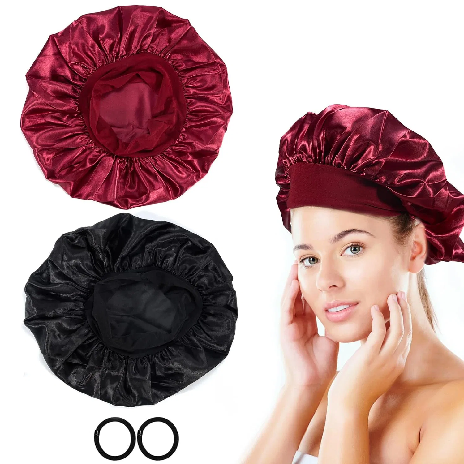 Шелковая шапочка для сна, 2 шт, Cheerhom, Black and Burgundy