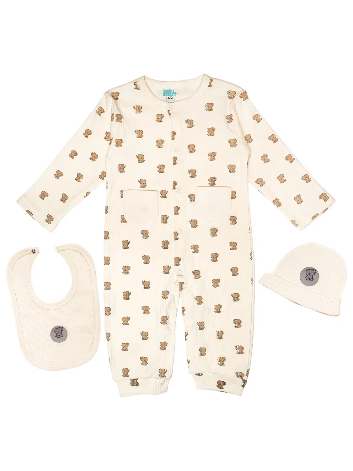 Комплект из риба с комбинезоном, шапочкой и слюнявчиком Babies Basic, кремовый