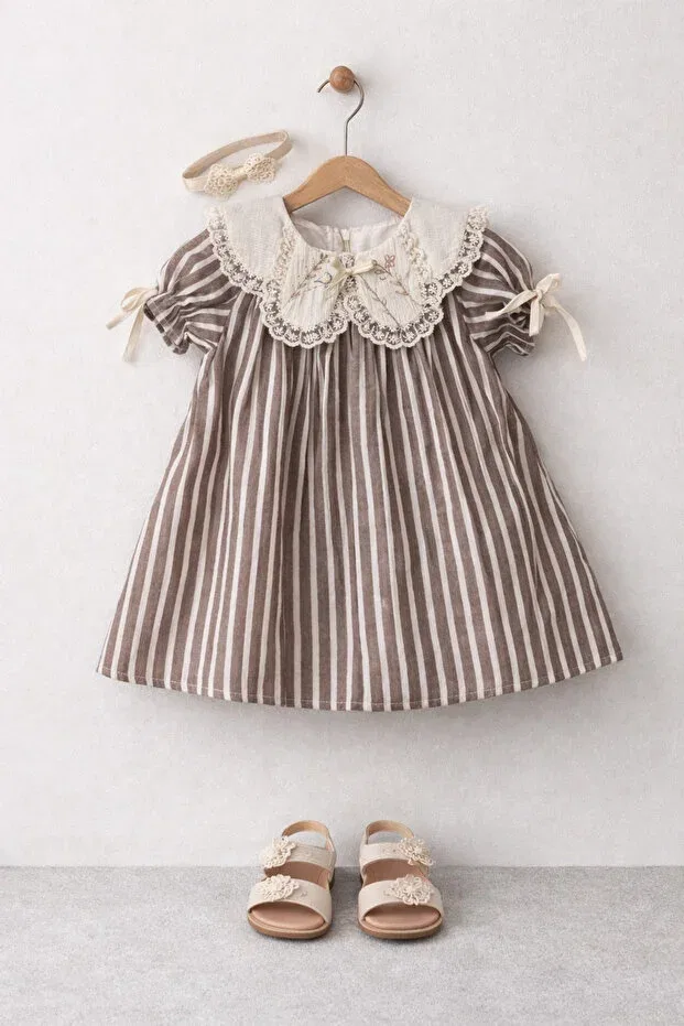 Детское платье для девочек с принтом Vintage Striped Dress Tifina Kids, Light Coffee