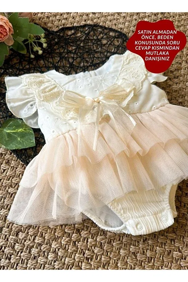 Детское платье-комбинезон для девочек из тюля Liana cream soft tutu romper short sleeve baby girl dress Aysskids, Nude Color — фото 3