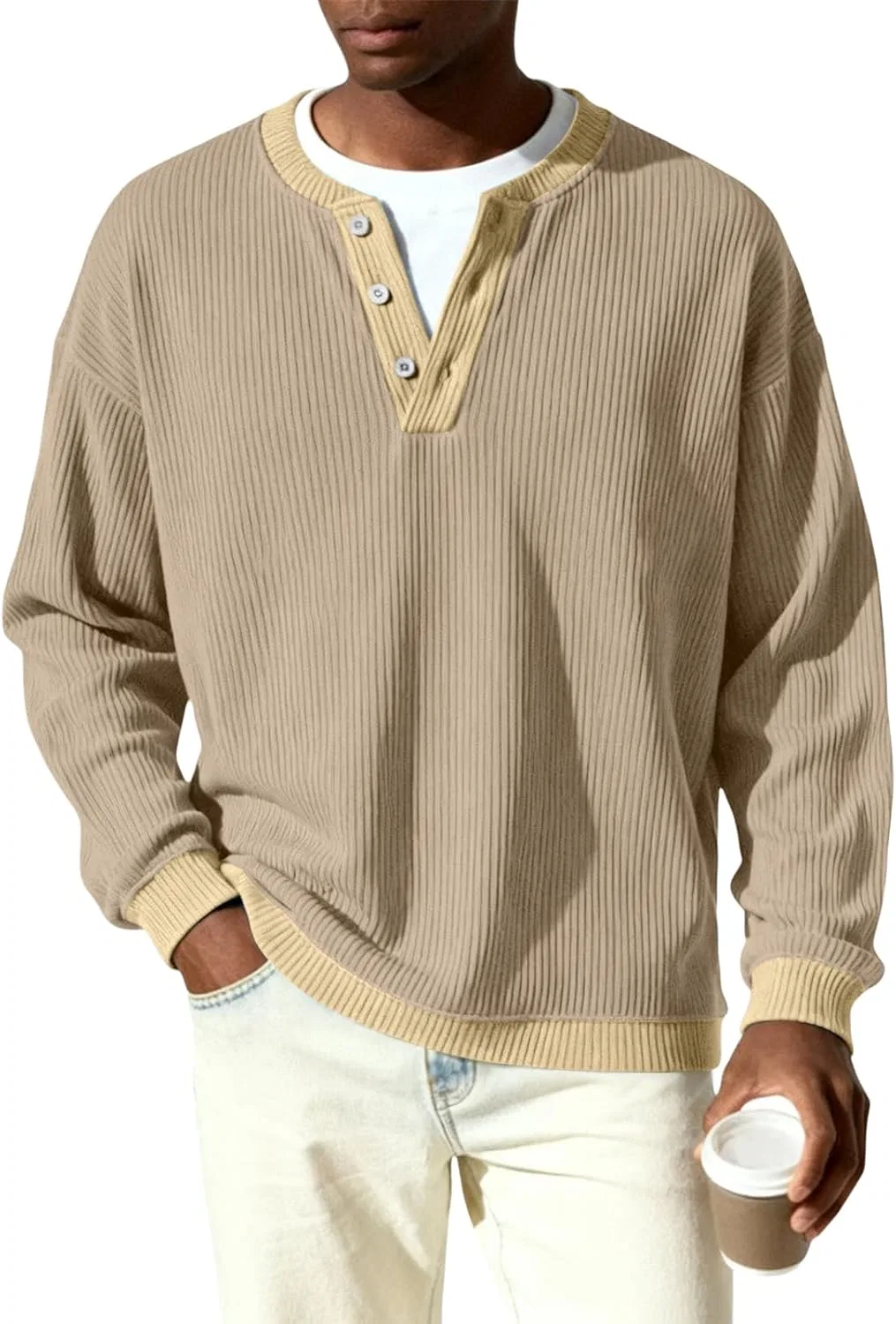 Мужская футболка с длинным рукавом, Ribbed Knit Henley, хаки — фото 4