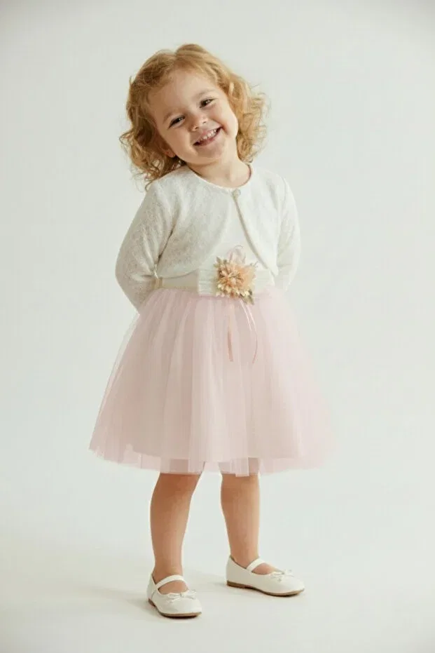 Детское платье для девочек с длинным рукавом Knitwear bolero waist floral baby girl dress m00773 Mnk Baby&Kids, Light Pink — фото 4