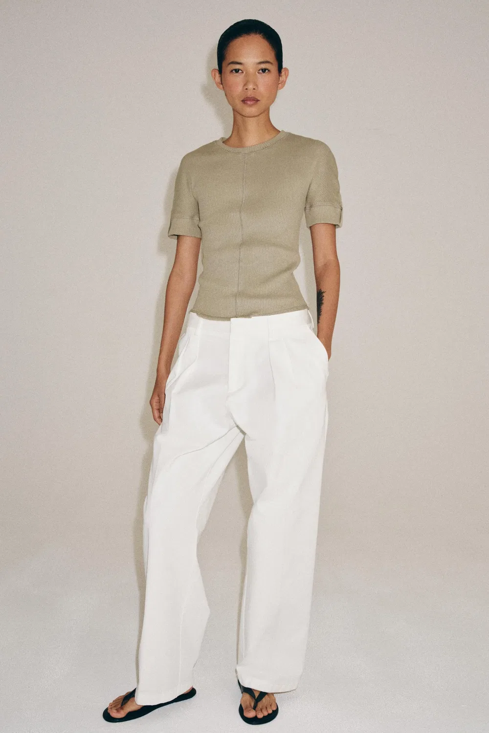 Хлопковая ребристая футболка ZARA, Khaki — фото 4