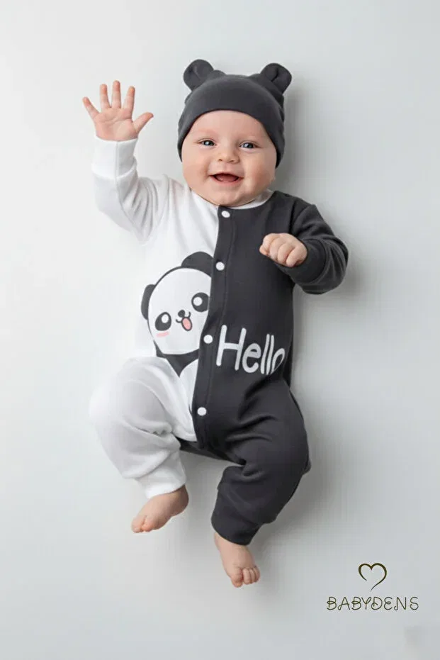 Детский комбинезон для новорожденных с принтом Panda printed baby romper & hat set Babyden'S, Anthracite-White — фото 3