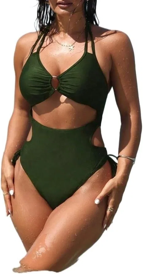 Женский цельный купальник с вырезами и завязками на шее, Dark Green