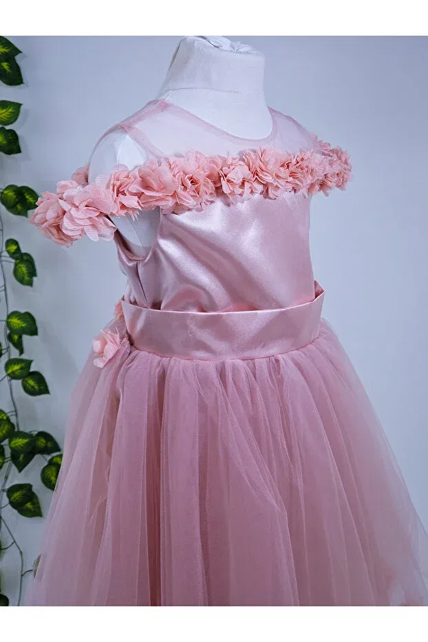 Детское платье для девочек с принтом Floral girls' evening dress wedding dress Melis Çocuk, Powder — фото 3