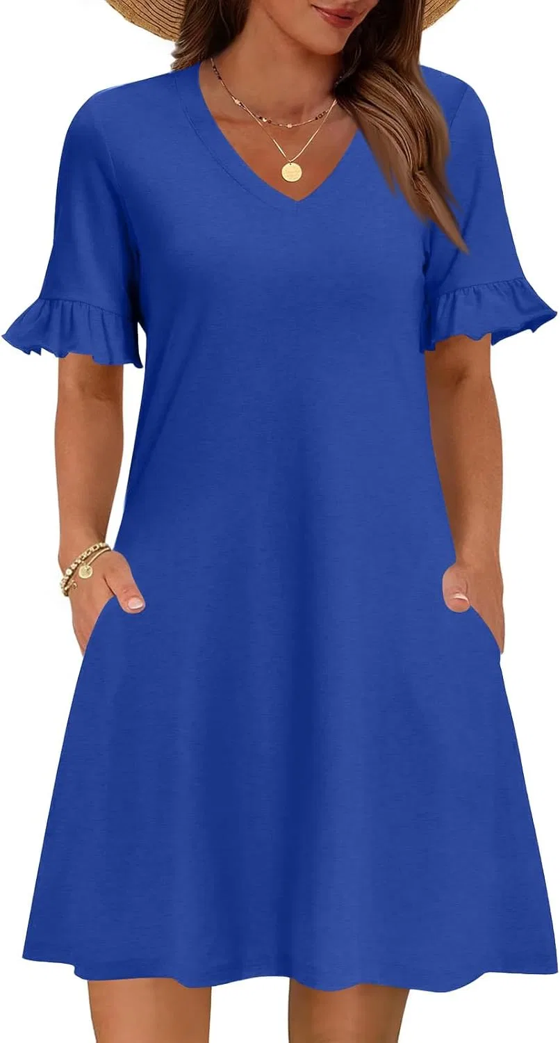 Женское летнее платье А-силуэта короткое V-образным вырезом, Royal Blue — фото 2