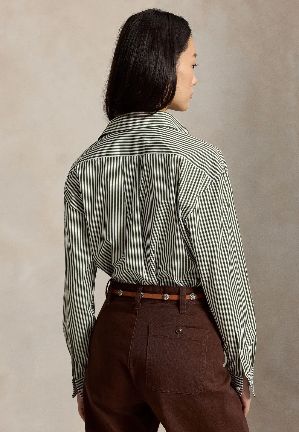 Свободная полосатая хлопковая рубашка - блузка на пуговицах Polo Ralph Lauren, Classic Drab/White — фото 3