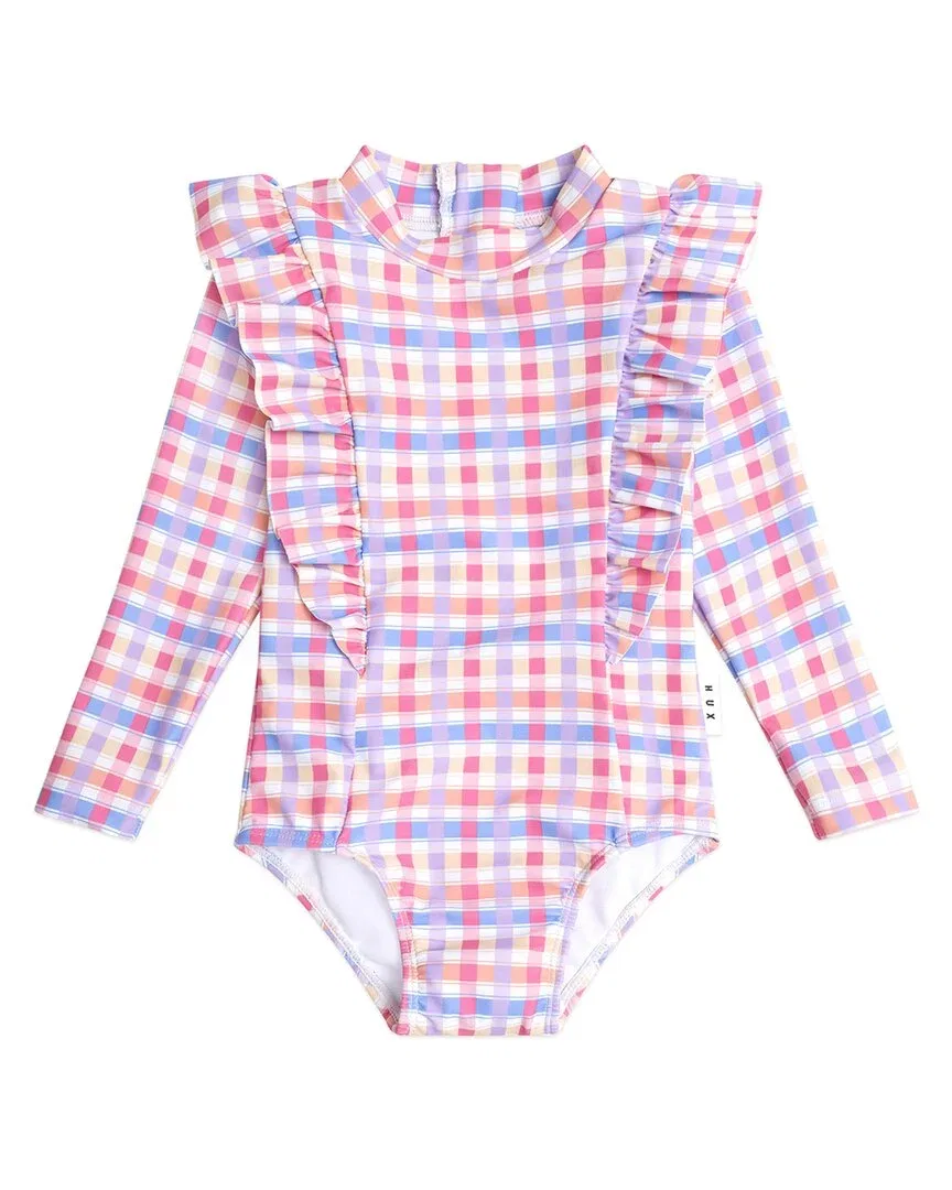 Детский купальник-комбинезон с защитой UPF 50+ Scandi Frill One-Piece Rainbow Check Huxbaby, мультиколор