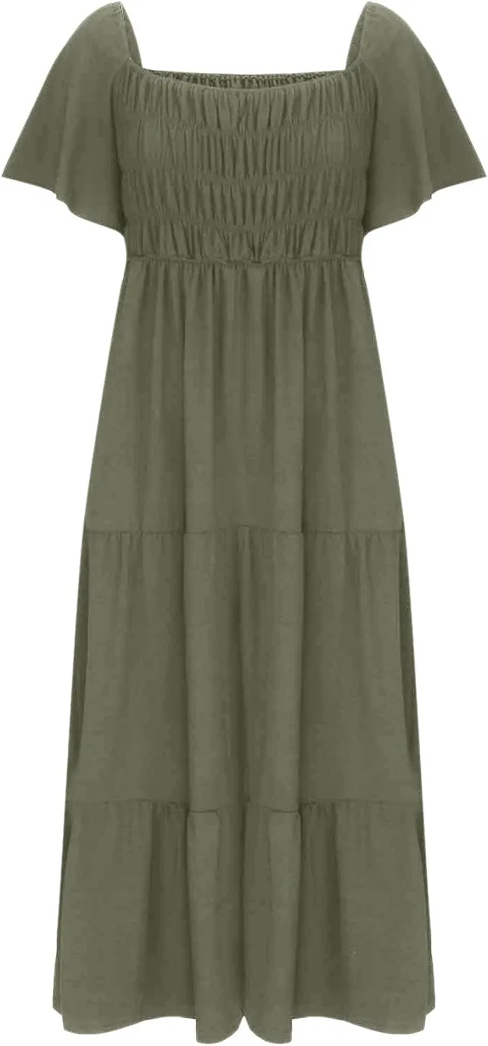 Женское летнее платье с воланами и эластичной талией, Army Green — фото 4