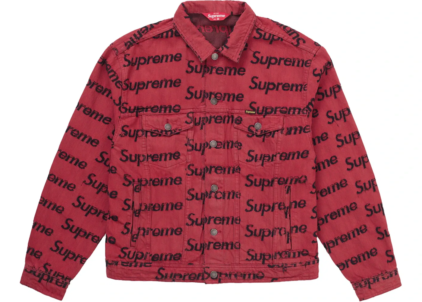 Мужская джинсовая куртка с потертостями Supreme Frayed Logos Denim Trucker Jacket, Red