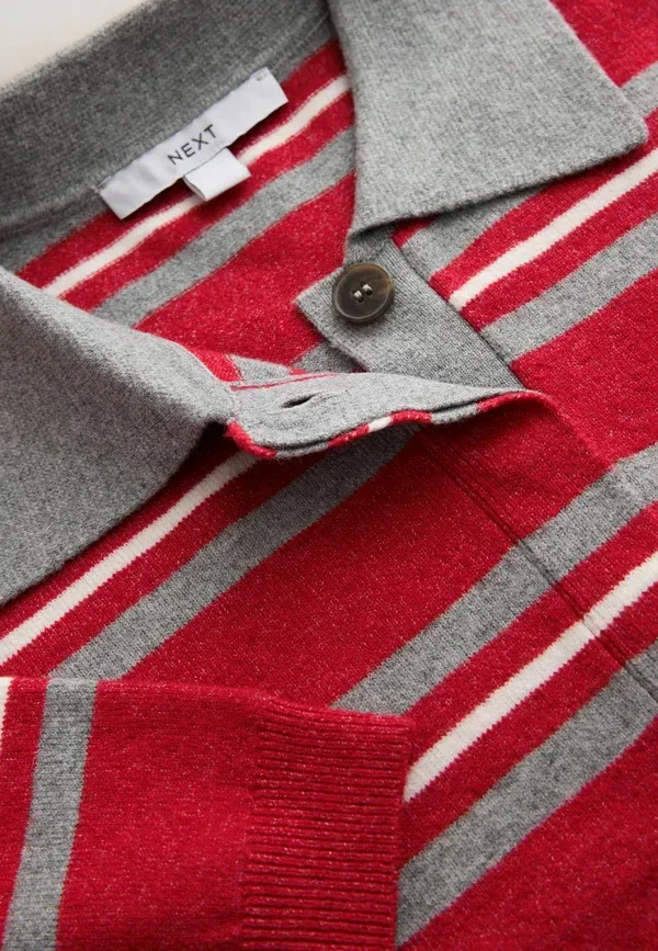 Топ-поло свободного кроя, Tall fit - supersoft short sleeve knitted polo top, Next, red grey stripe, серый — фото 2