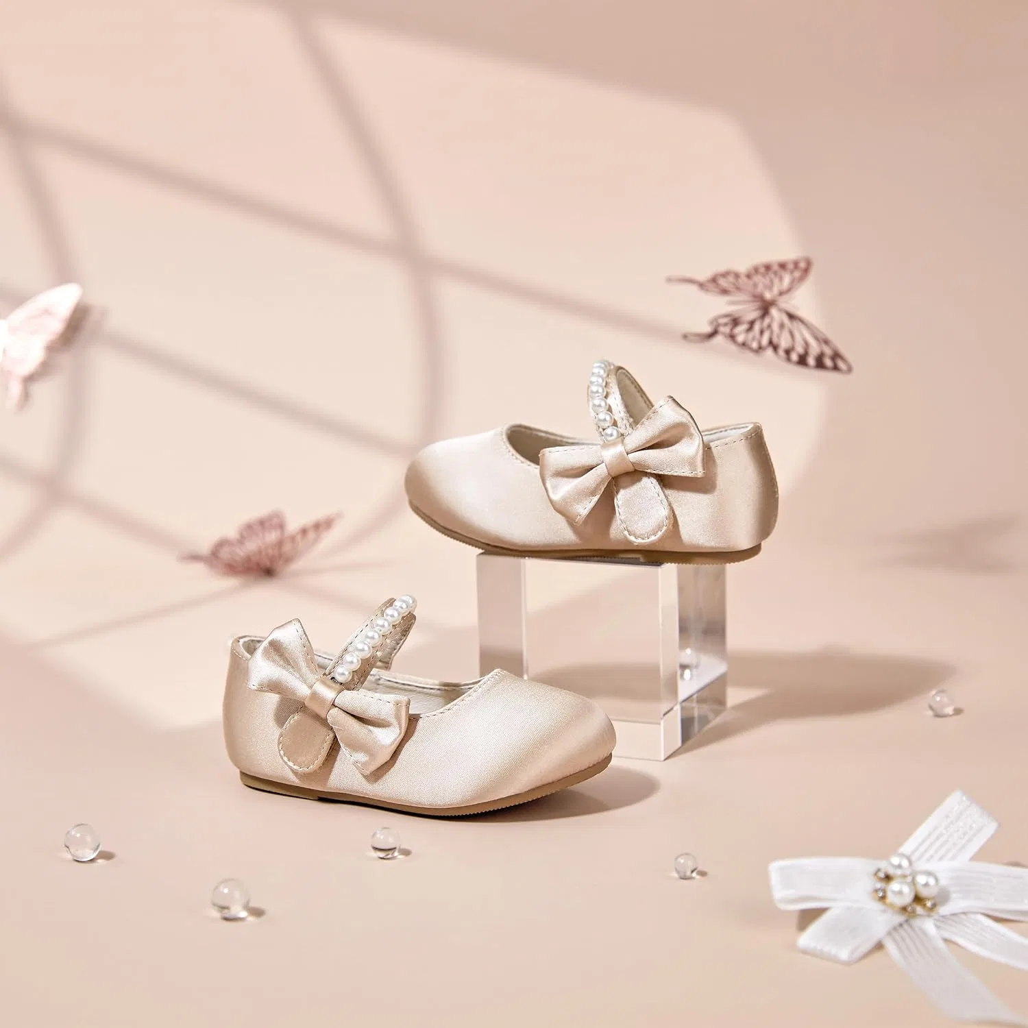 Детские туфли-балетки с бантом для девочек PHIRAMIN, Satin Nude Bow — фото 3