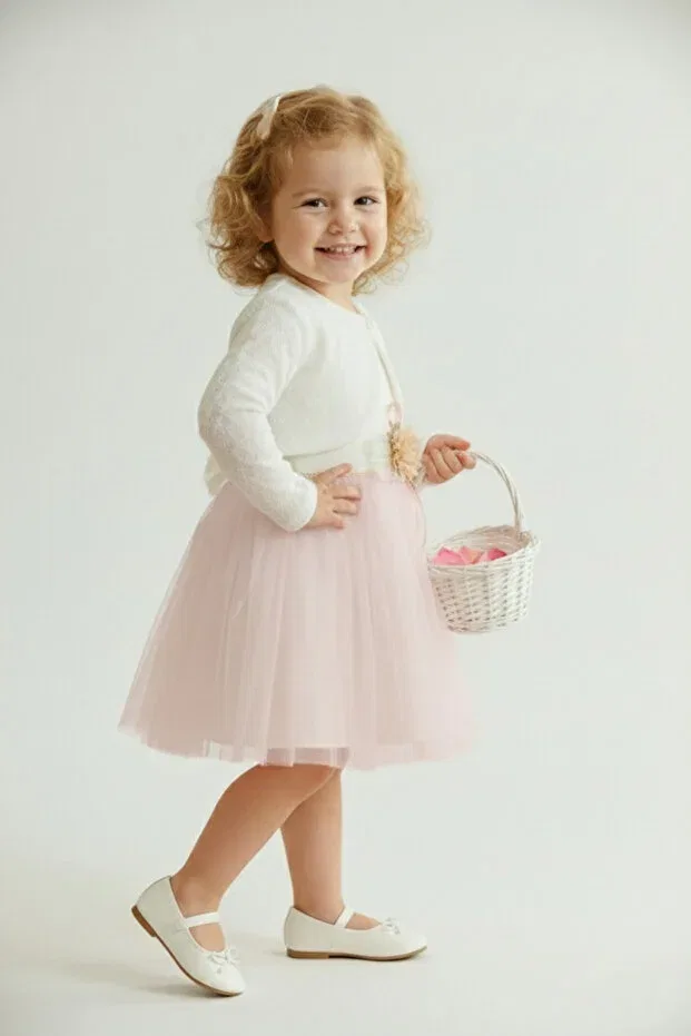 Детское платье для девочек с длинным рукавом Knitwear bolero waist floral baby girl dress m00773 Mnk Baby&Kids, Light Pink — фото 3