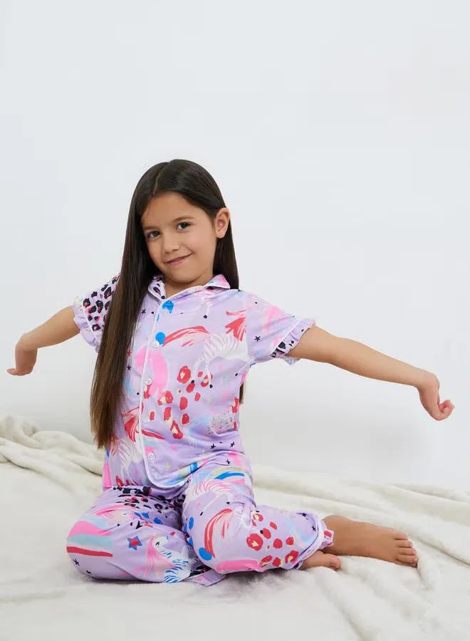 Комплект пижамы с принтом единорога и животных, модель Unicorn Print, Styli, лиловый