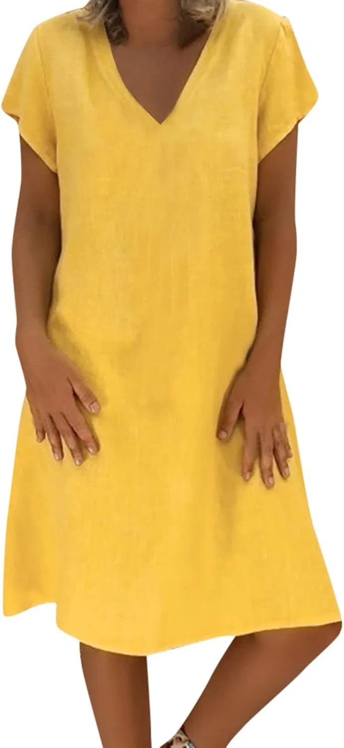 Женское летнее платье-рубашка миди из хлопка и льна, Yellow