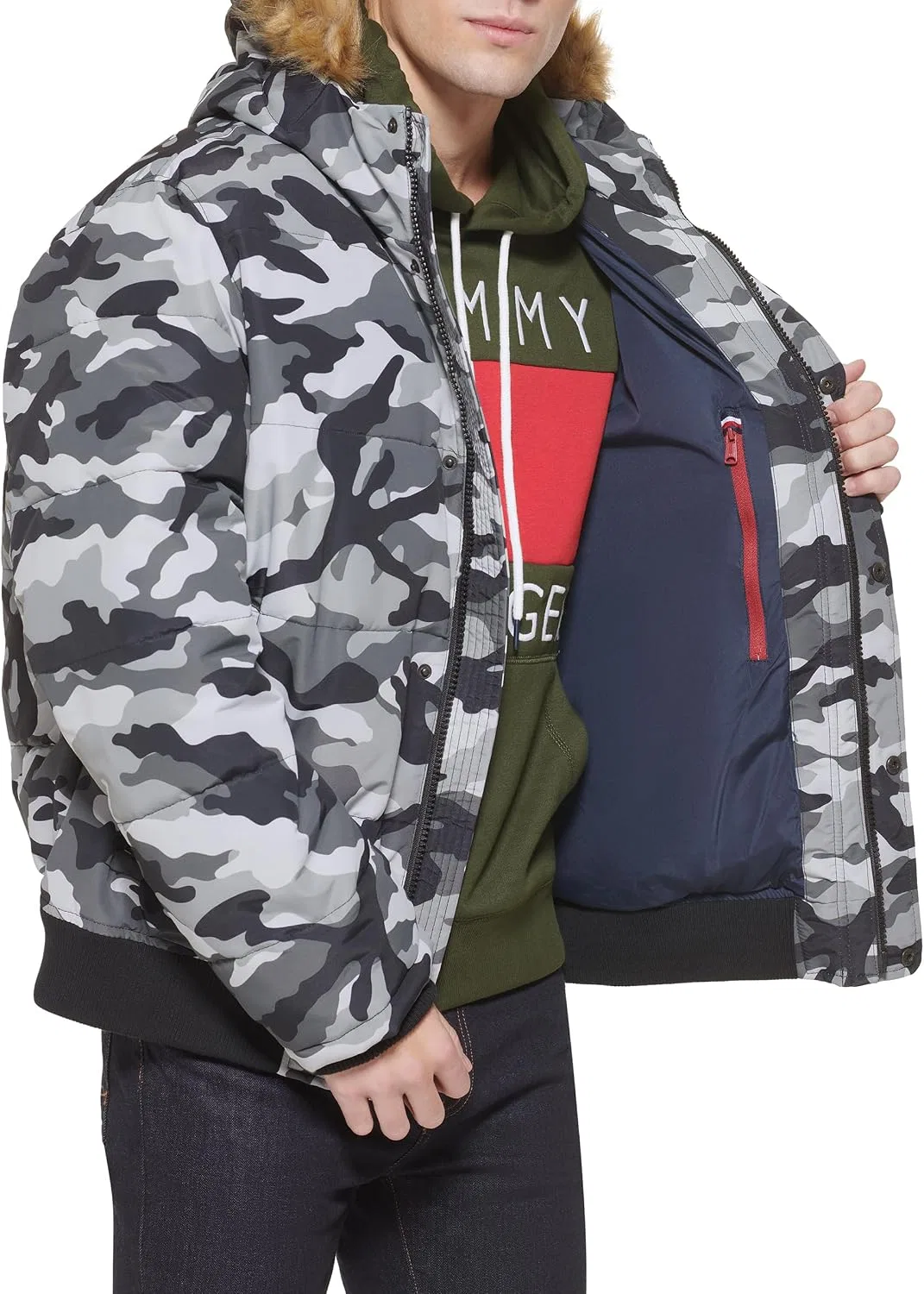 Мужская куртка-бомбер с капюшоном, стеганая, Arctic Cloth, Tommy Hilfiger, серый/камуфляжный — фото 4