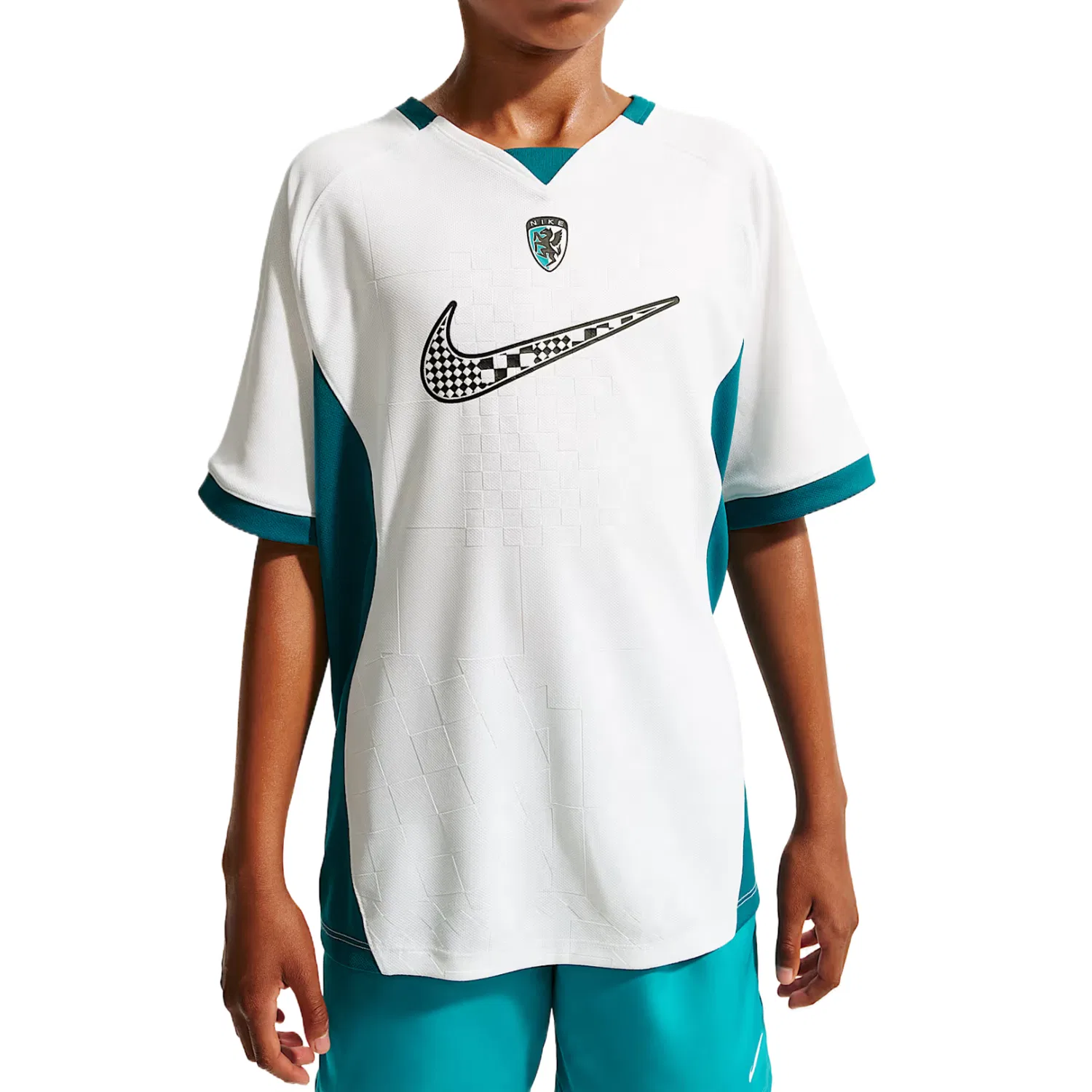 Детская футболка с v-образным вырезом Nike, White/Bright Cedar Green/Black