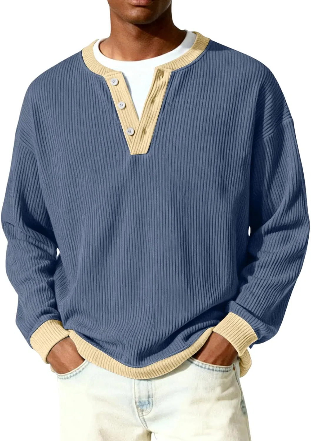 Мужская футболка с длинным рукавом, Ribbed Knit Henley, тёмно-синий