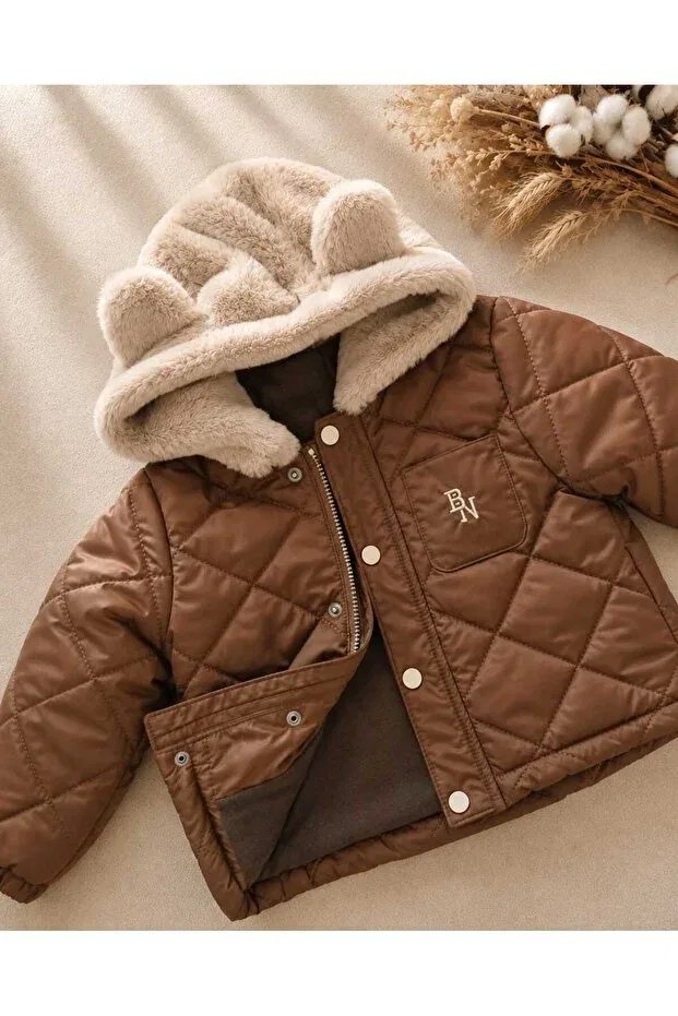 Детский зимнее пуховик с капюшоном Unisex hooded baby inflatable coat with ear detail Pamloli Kids, Brown — фото 3
