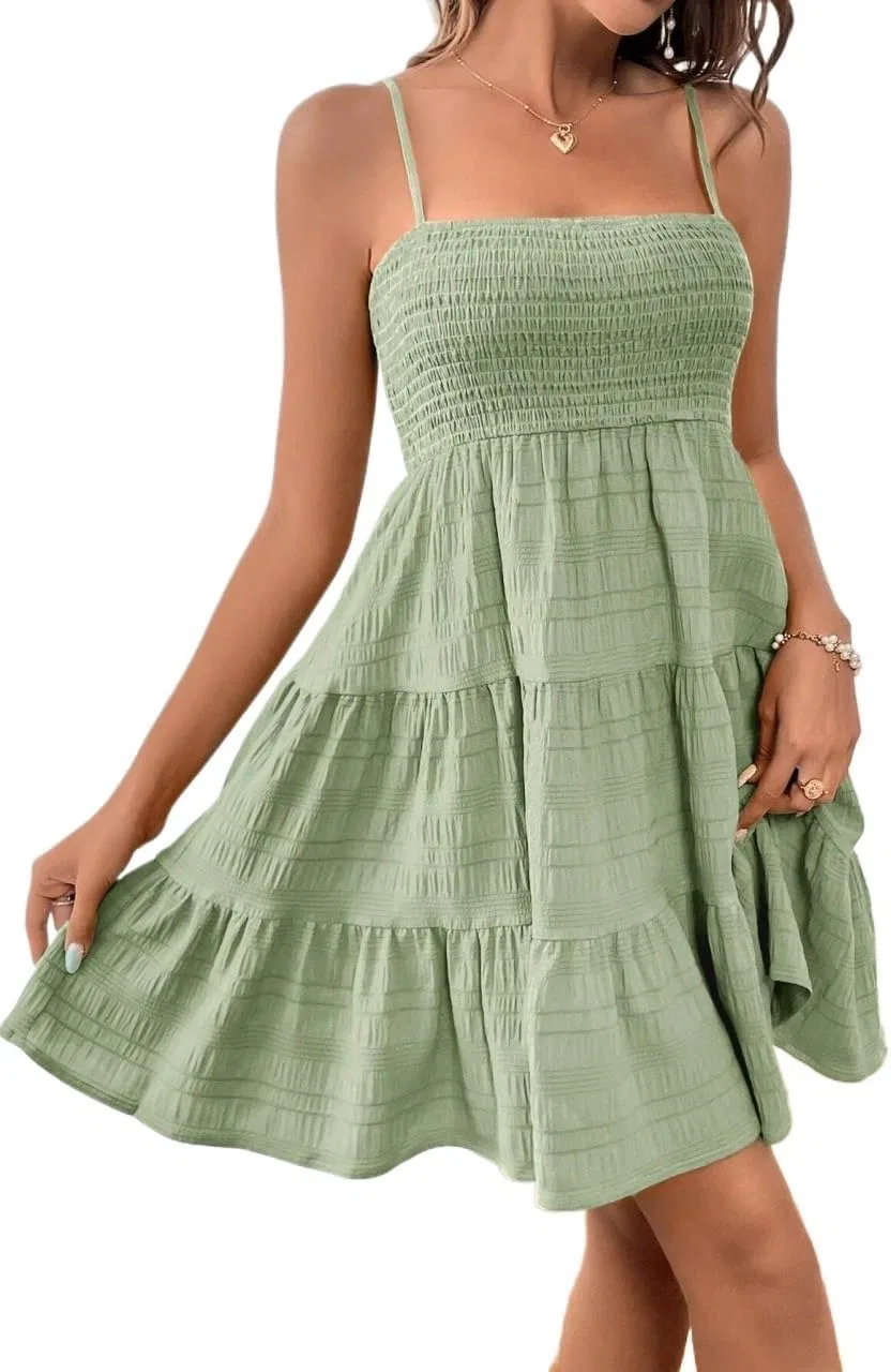 Женское мини-платье на бретелях с рюшами Solid Color, Olive Green