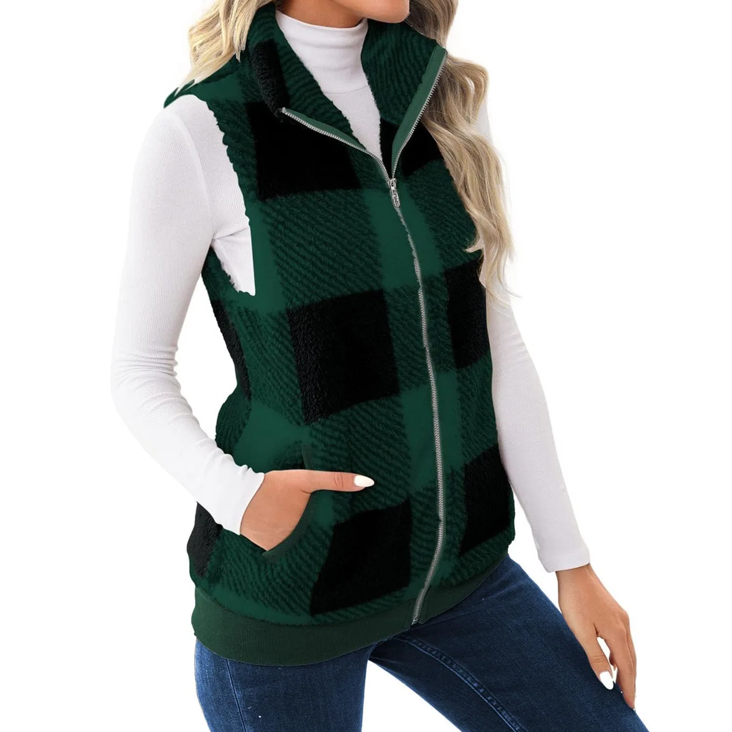 Женский жилет без рукавов с принтом Fluffy Warm Casual Women Fur Plaid Sherpa Jacket Autumn Winter, Verde — фото 3