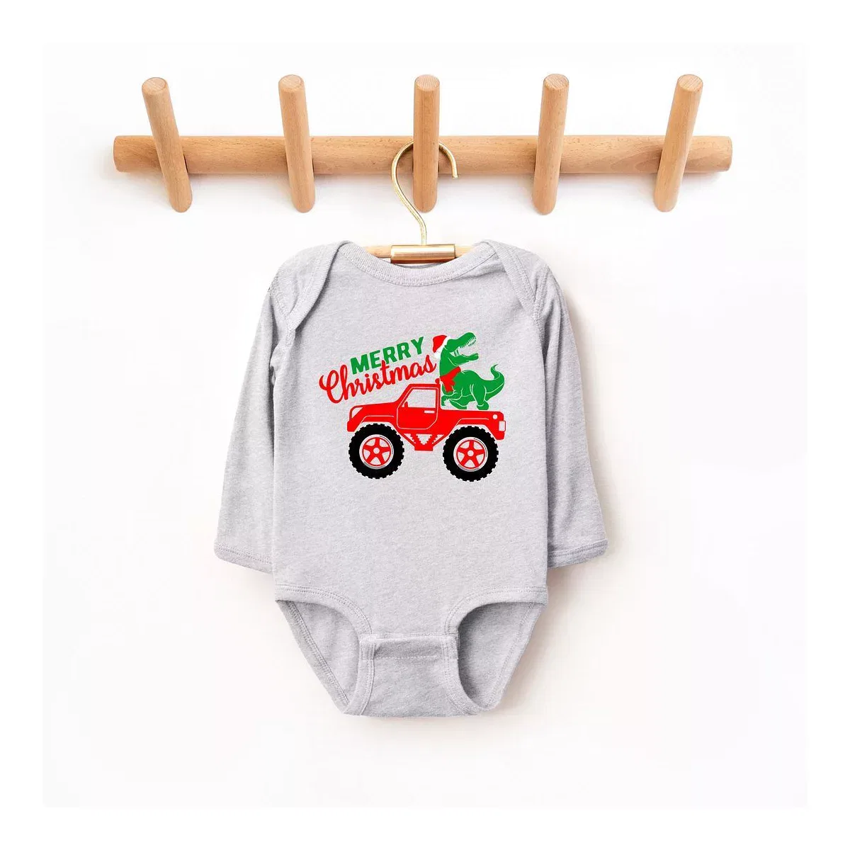 Детское боди с длинным рукавом Christmas Dino Truck The Juniper Shop, Heather Grey