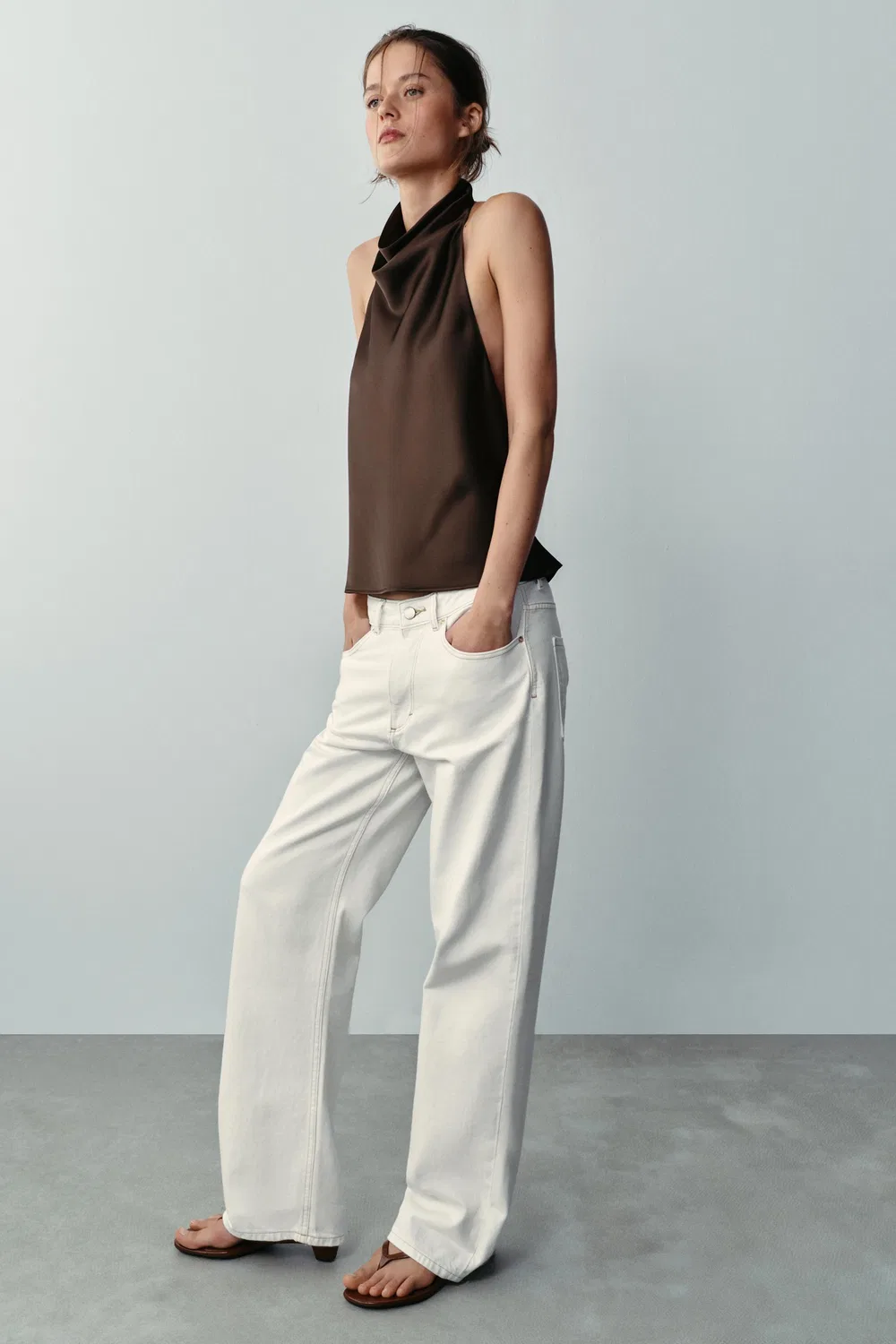 Атласный топ с завязками на шее ZARA, Brown