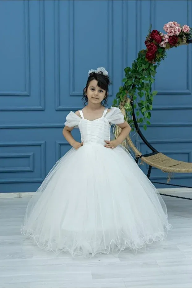 Детское платье для девочек с принтом White tulle children's evening dress with shoulder detail princess dress wedding and birthday outfit Zde Dikim Evi, Nude Color