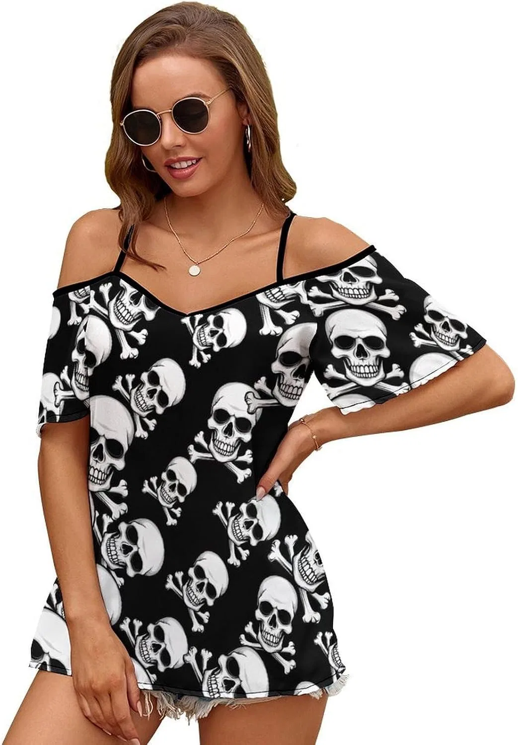 Женское платье-футболка с открытыми плечами Skull Crossbones Skeleton Jolly Roger