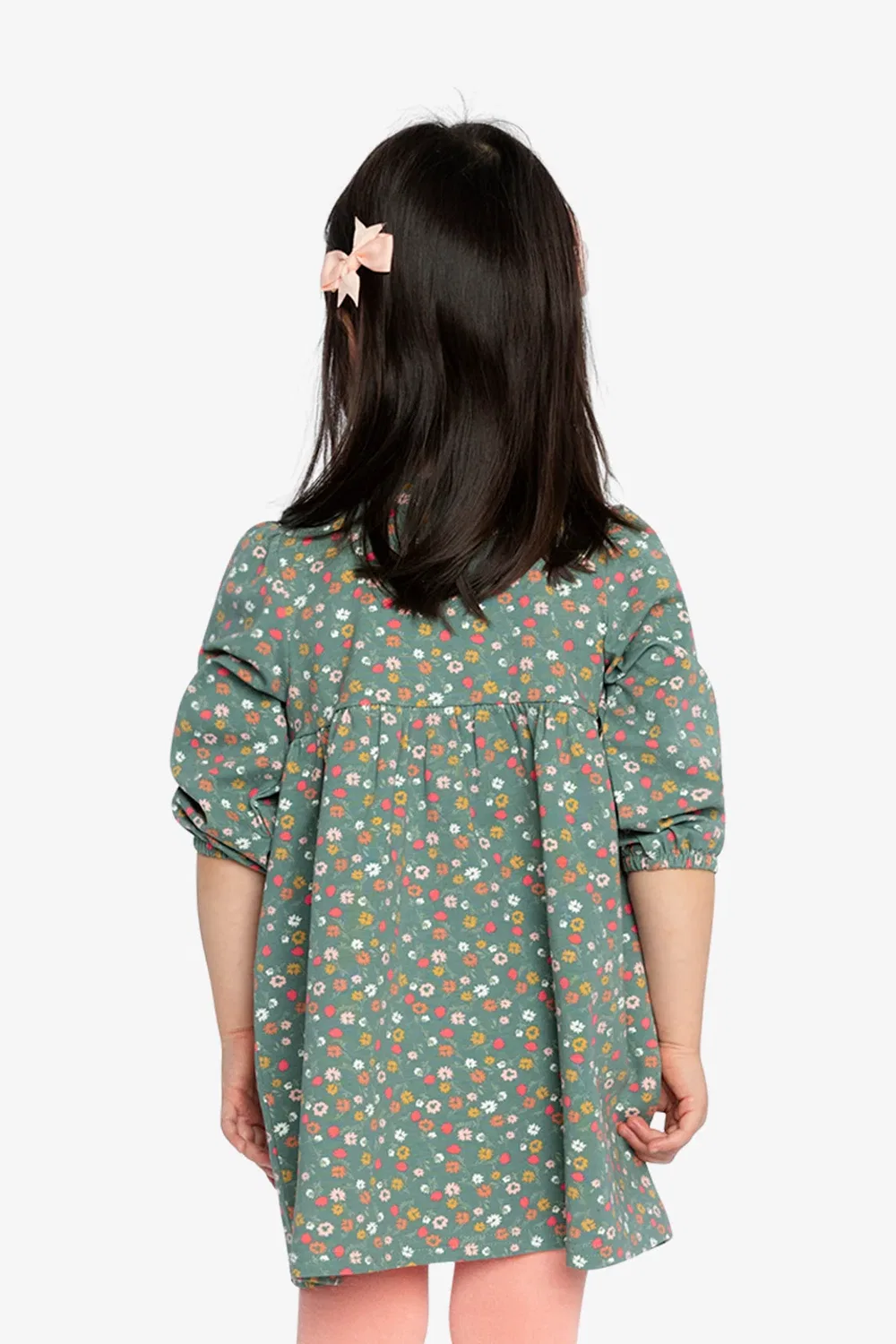 Детское платье для девочек с длинным рукавом и цветочным принтом Deux par Deux, Green Floral Print — фото 4